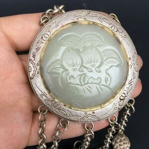 Antique Chinese Hand Carved White Jade Pendant Plaque 925 Sterling Silver Inlay
